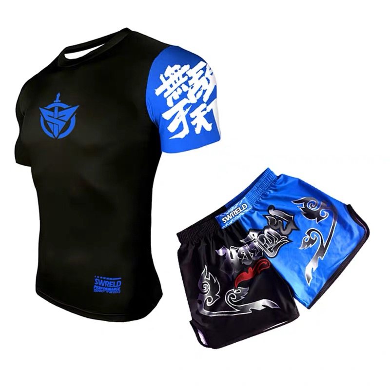 SWRELD Venom Tights Men Short Sleeves Quick Dry Breathable Muay Thai Fighting Training Suit Set Gym Suit Set