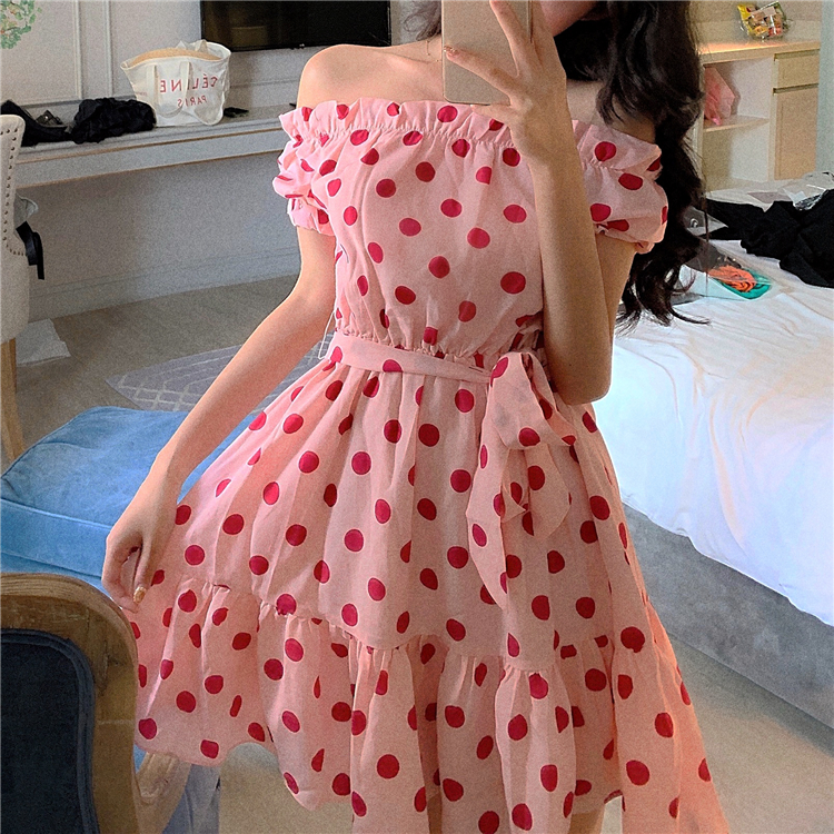 VK旗艦店 韓國風粉紅波點一字領系腰短袖洋裝