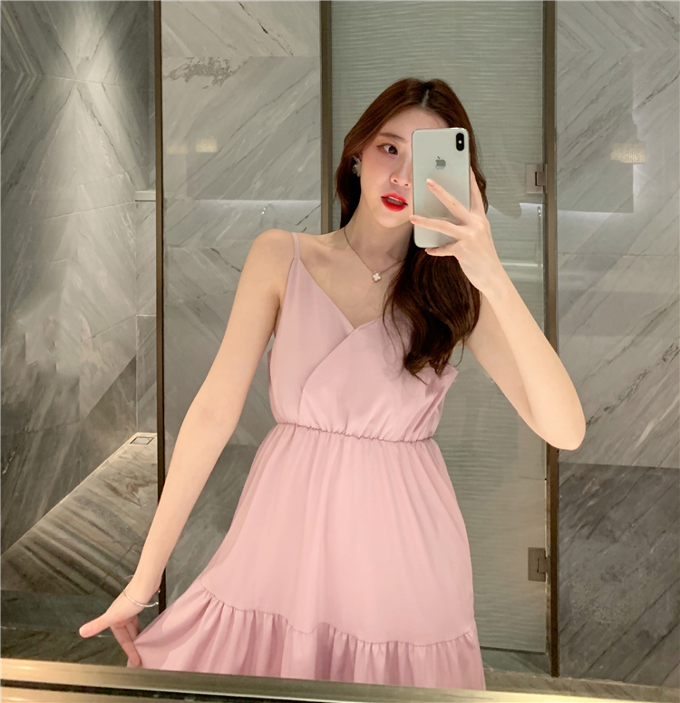 VK旗艦店 韓系高腰百搭蛋糕裙顯瘦長版吊帶無袖洋裝