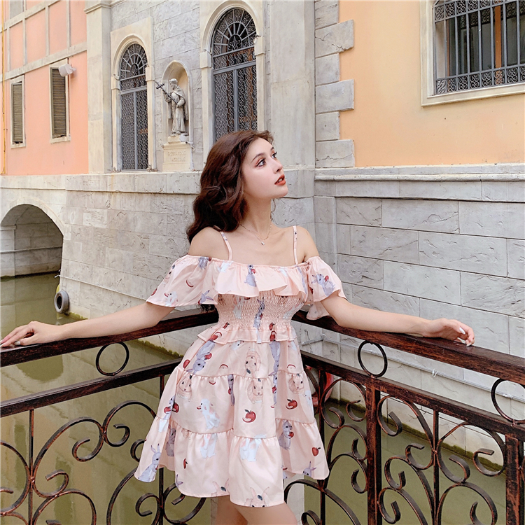 VK旗艦店 韓國風甜美小兔一字領收腰短袖洋裝