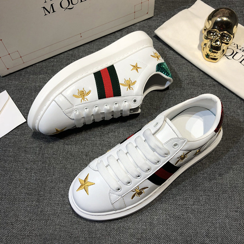 Star same size Thick Bottom Heightened Embroidery Bee Genuine Leather Small White Shoes Couple 100 Hitch Lace Casual Shoes Board Shoes Man
