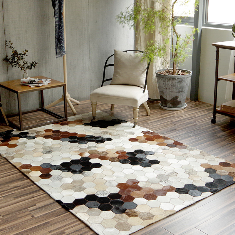 Cow Leather Splicing Carpet Nordic Living Room Home Sofa Tea Table Mat Modern Book Room Bedroom Bedside Blanket Light Extravagant