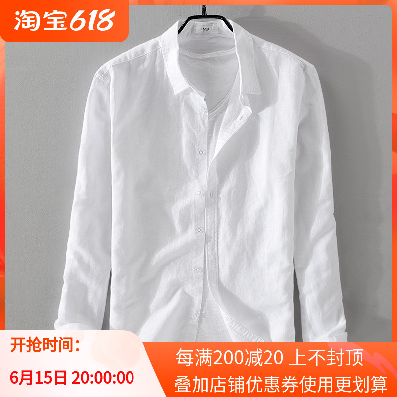 Special Cabinet White Long Sleeve Linen Shirt Men Casual Turn Collar Easy Day Department Breathable Cotton Linen Shirt Inch Male Tide