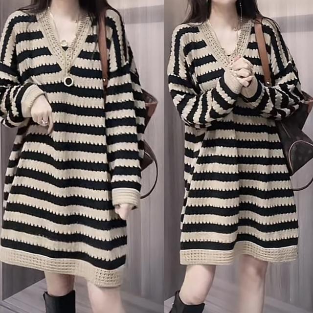 Plus-Size Women's Striped Mid-Length Knit Sweater Dress, Loose and Slimming V-Neck Sweater Dress for Fat Women
