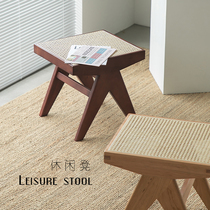 Rattan solid wood middle ancient small square stool Nordic home retro dressing table stool designer creative door shoe stool