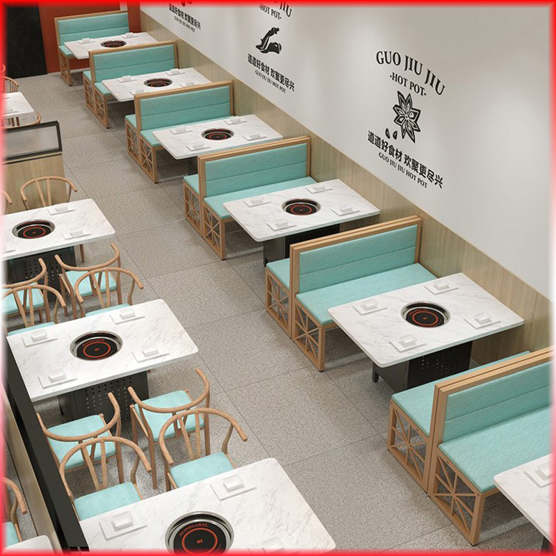 Commercial wrought iron marble hot pot shop induction cooker charcoal shabu-shabu barbecue chain store card seat sofa table chair combination