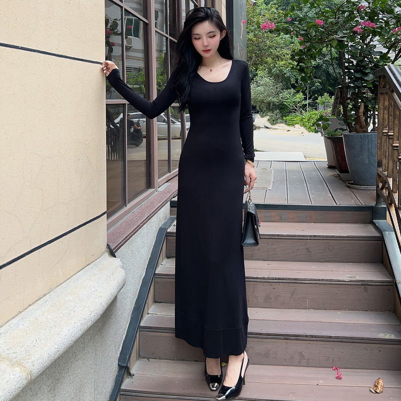 Spring and Summer New Style Drapey Modal Long-Sleeved Dress, Ankle-Length Extra-Long Black French Floor-Length Dress