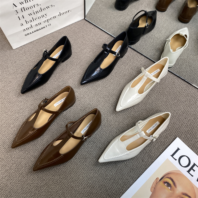 フレンチスイートクールTバックルメリージェーンシューズデザインニッチローヒールシングルシューズポインテッドトゥスモールレザーシューズ2025春新作
