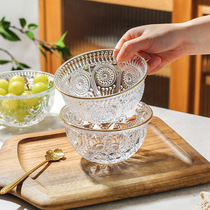 Embossed glass bowl European style Vintage dessert birds nest bowl solid color round transparent household net red gold border salad bowl