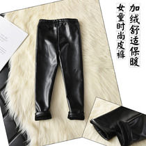 One-one-baby plus thicker-like leather pants girl girl in autumn and winter pants black big children pants