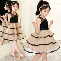 Black summer net red dress new child dress Han Edition children long sleeve dress lace lace cake dress
