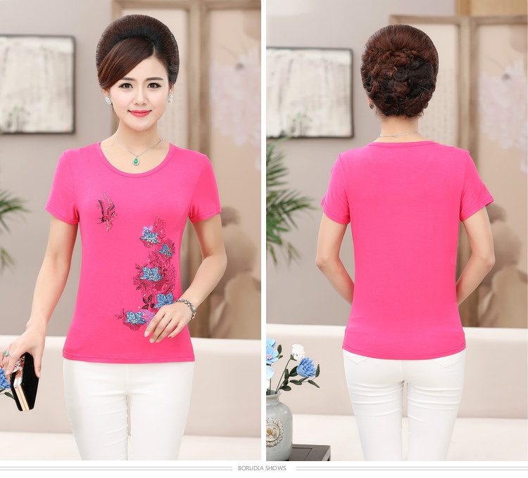Trung niên và phụ nữ cao tuổi của mùa hè phương thức ngắn tay T-Shirt 40-50 tuổi mẹ nạp mùa hè kích thước lớn áo sơ mi những bộ đồ mặc nhà thanh lịch tuổi trung niên