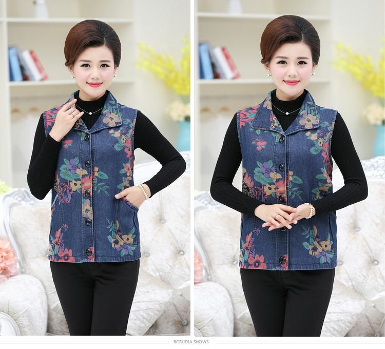 Áo vest nữ trung niên chất liệu denim mùa thu và mùa đông vest vest vest nữ mùa xuân và áo khoác mùa thu cotton cỡ lớn đầm dự tiệc cho người lớn tuổi