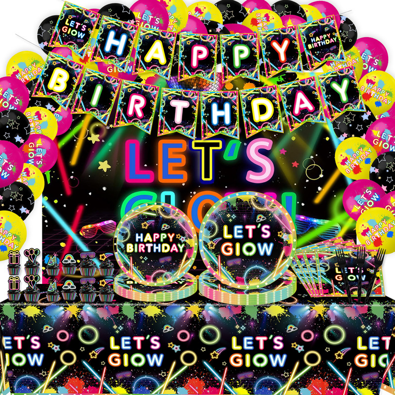 New Cartoon Neon Theme Birthday Decoration Props Disposable Paper Plates Balloons Scene Decoration Decorations