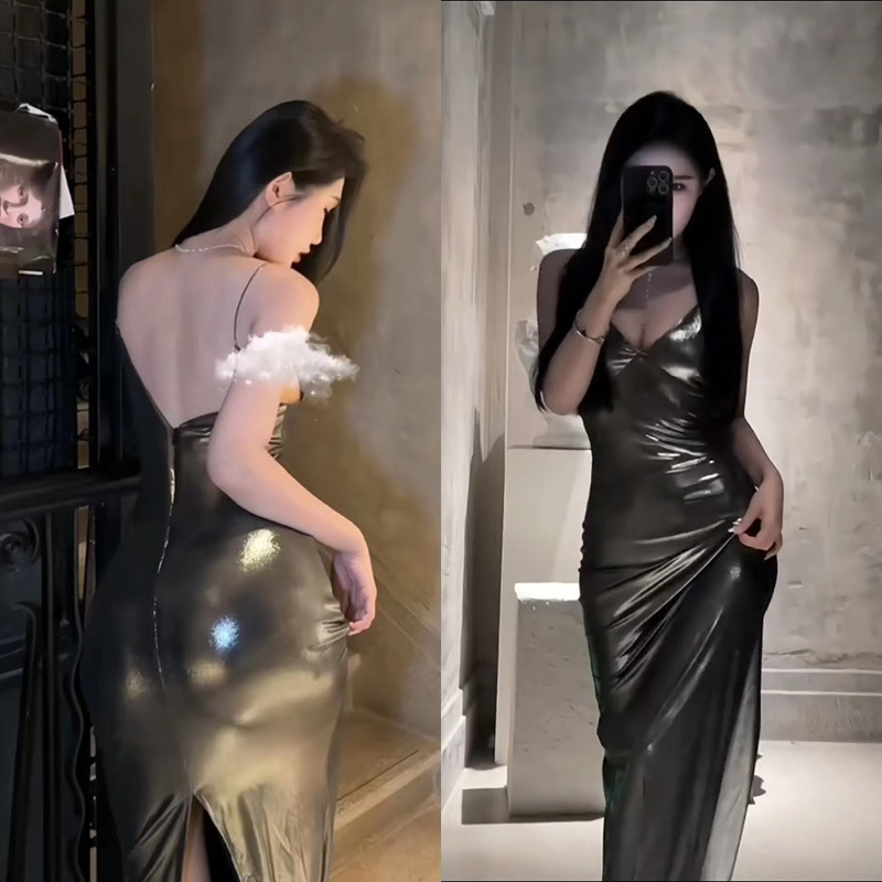 Hot Girl Sexy Slit Dress with Silver Metallic V-Neck, Sleeveless Bodycon Long Dress Evening Gown