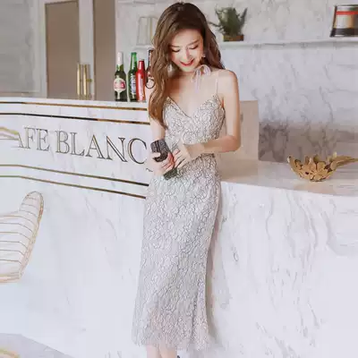 Ladies temperament women's breast-wrapped dress low-cut suspender lace lace dress feast year party host evening dress