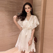 Korean fashion V-neck lace embroidery lotus leaf sleeve A- line dress white lady waist lace slim dress