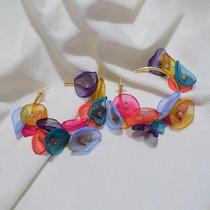 South Korea Retro Sweet Temperament Silver Needle Ear Nail Seven Color Powder Snowspun Petal Earrings Cirque Seaside Holiday Wind Ear