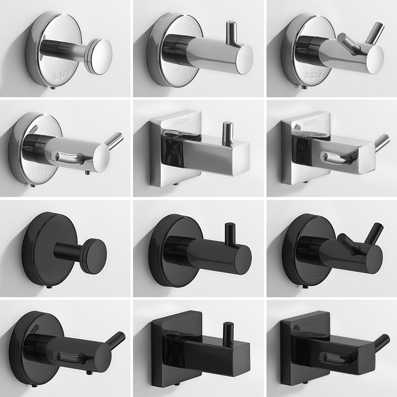 Bathroom 304 Stainless Steel Coat Hook, Glossy, No-Drill, Single Hook Behind the Door, Black Bathroom Coat and Hat Hook, Wall-Mounted