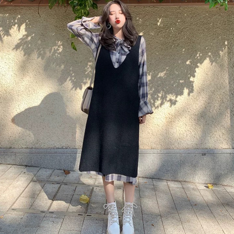 Large size women's clothing autumn 2020 new fat mm long-sleeved long-sleeved dress vest two-piece set of Foreign school age-reducing tide