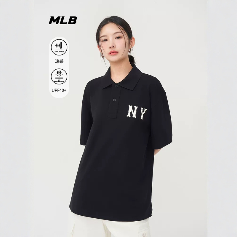 Mlb Couple Short-Sleeved New Style Men's and Women's Ny Embroidered Sun Protection Cool Solid Color Polo Lapel T-Shirt 3Apqb0353