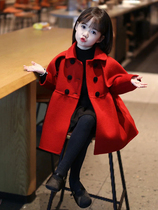 Girls Red Woolen Coat 2024 Autumn and Winter New Childrens Mid-Length Thickened New Years Style Skirt-style Woolen Coat
