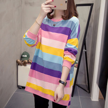 Cotton sweater thin loose rainbow stripes long T-shirt Korean long sleeve Joker early autumn womens coat light ripe