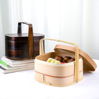 Simple Retro Double-Layered Food Box, Portable Basket Lunch Box, Traditional Fir and Bamboo Woven Food Delivery Box, Gift Packaging, Gift Wooden Box