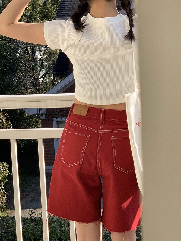 American-Style Red Washed Frayed Denim Shorts for Women, Summer High-Waisted Wide-Leg Slimming Loose Five-Point Straight-Leg Mid-Length Shorts