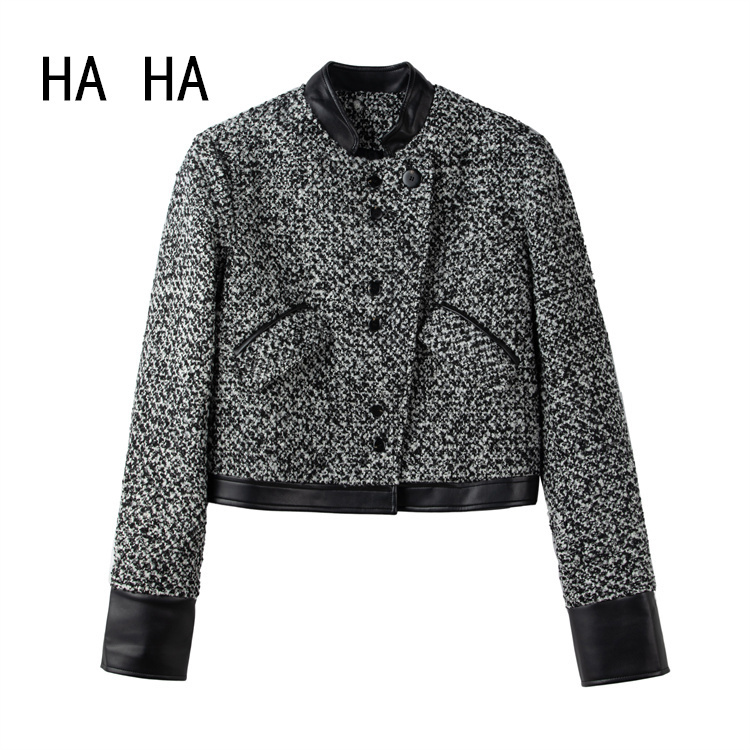 Haha Tweed and Pu Leather Patchwork Chanel-Style Jacket for Women, New Spring Loose-Fitting Versatile High-End Short Top Jacket