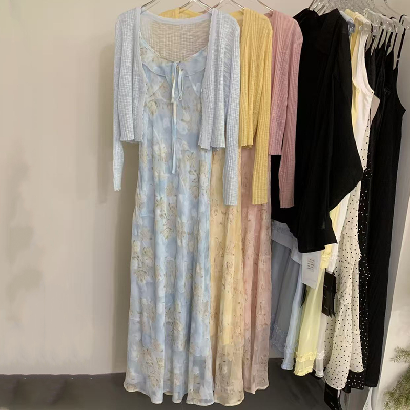 Knitted Long-Sleeved Cardigan + Floral Suspender Skirt Two-Piece Set for Women 2026 Summer New Style Fresh and Gentle Suit Long Skirt Knitted Long-Sleeved Cardigan + Floral Suspender Skirt Two-Piece Set for Women 2026 Summer New Style Fresh and Gentle Suit Long Skirt
