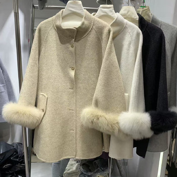 立领狐狸毛袖口羊毛双面呢大衣女2025秋冬新款宽松中长款毛呢外套