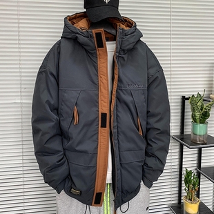 冬季连帽撞色工装棉服男士宽松冲锋衣