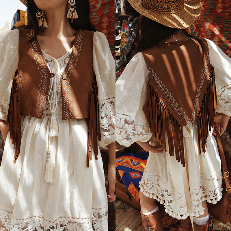 Mai Xu's Original "Cecil" Retro Ethnic Style Brown Embroidered Suede Fringe Vest for Women, Short Style