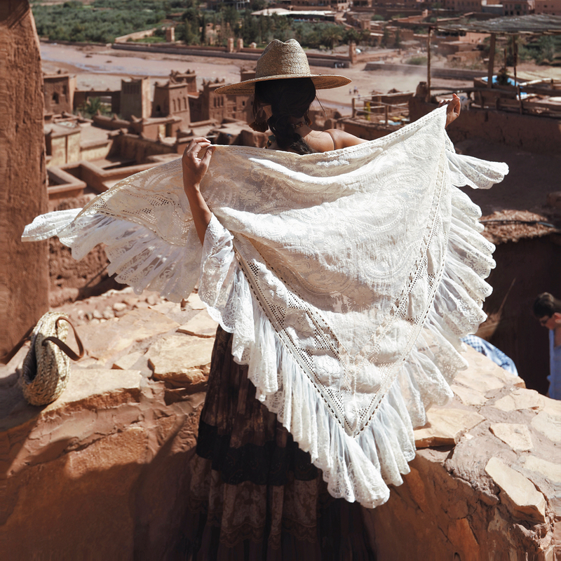 Mai Xu's Original Work "Hibiscus Flower Language" Bohemian Vacation Style Heavy Embroidery Ruffled Triangular Large Shawl