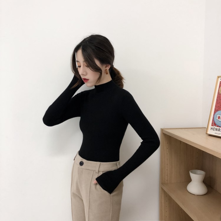 Thu đông 2018 phiên bản Hàn Quốc của áo sơ mi cổ cao nửa cổ sang trọng Áo len mỏng dài tay áo sơ mi nữ áo thun áo len đồ công sở nữ