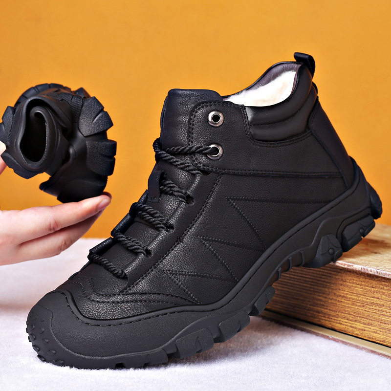 Large size cotton shoes men genuine leather winter Martin boots fur integrated plus suede thickened warm non-slip Dad shoes snowy boots