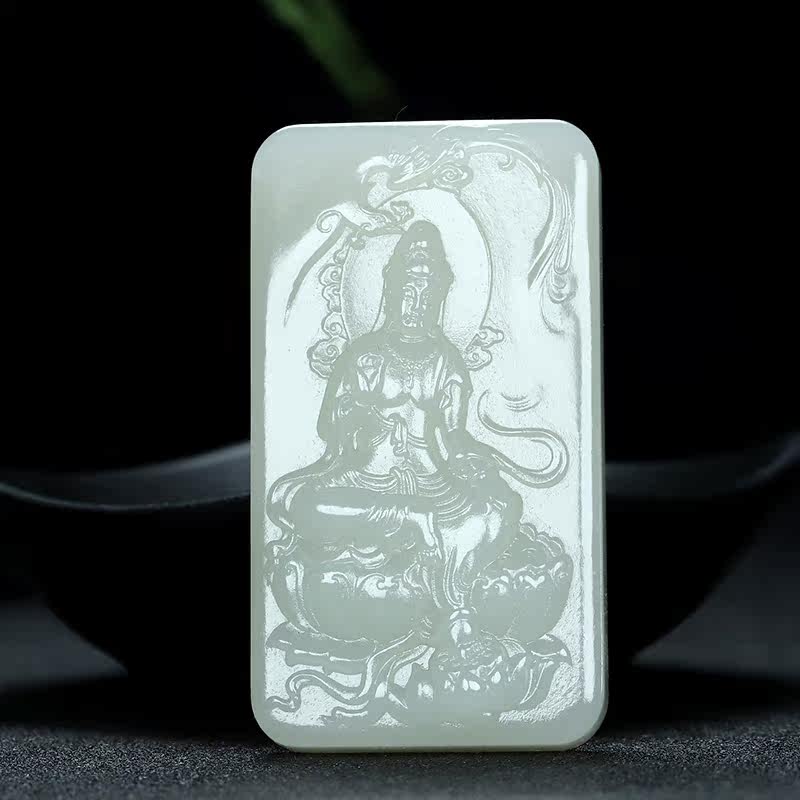 Xinjiang and Tian sheep fat white jade Guanyin bodhisattva pendant male Lotus Guanyin hanging decoration natural jade 58 96 gr