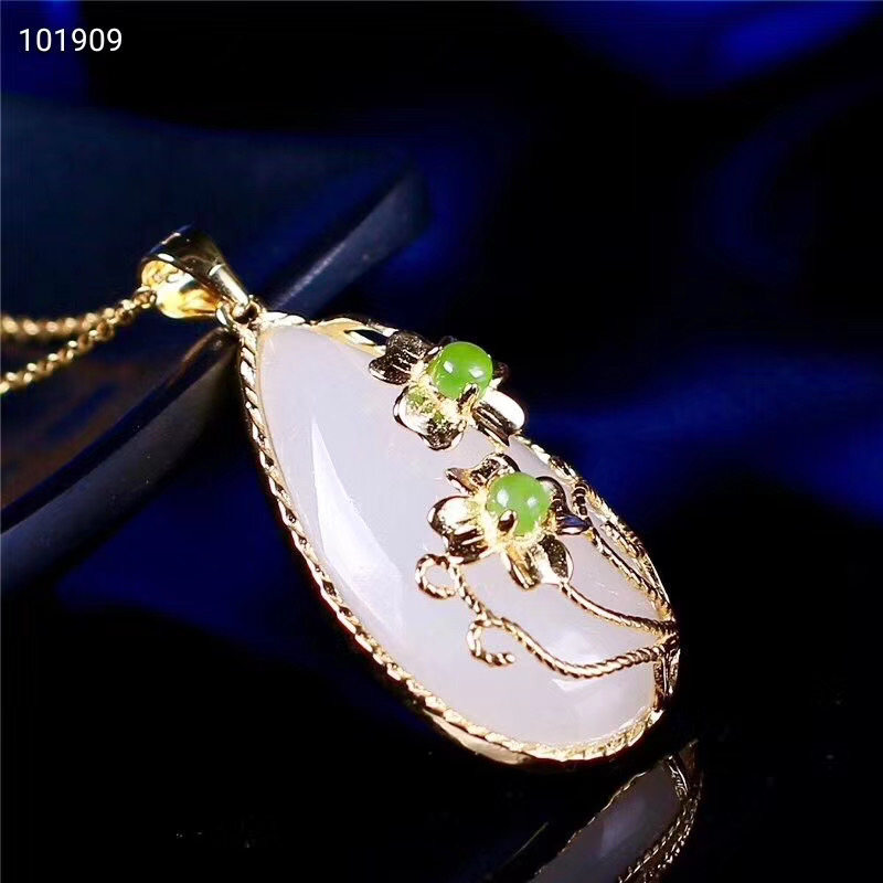 Xinjiang Hetian Jade sheep fat jade gold inlaid jade pendant s925 silver water drop pendant
