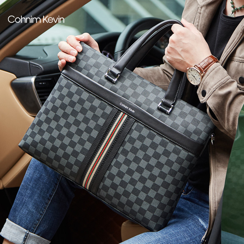 Chonim Kevin Men's Handbag Business Casual Bag Boys Plaid Bag Genuine Leather Briefcase Strap Bag