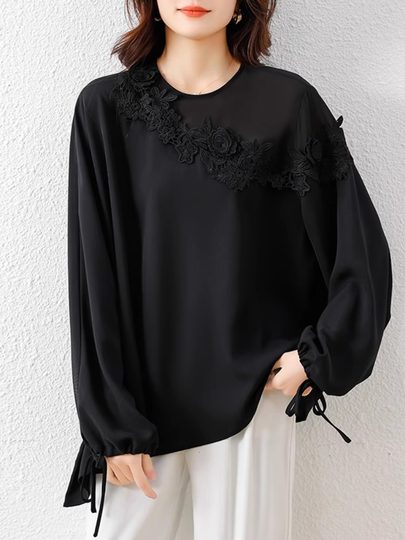 Septiembre MOMO Camisa de gasa para mujeres 2025 Spring elegante Elegante Lace Pearl Pearl Garneal Micro-Exexposed Shoulder Camiseta de manga larga