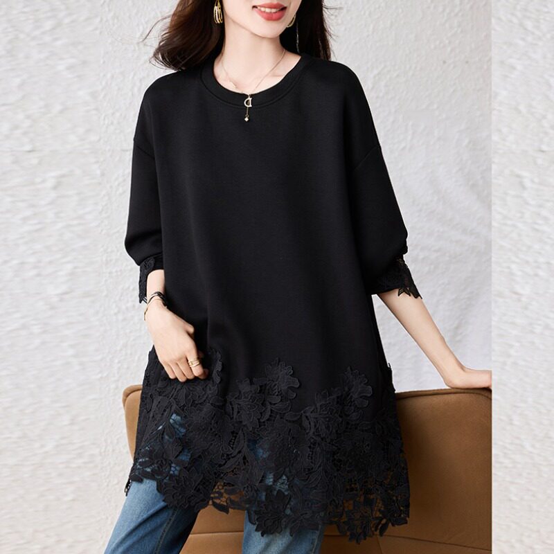 September Momo Fashion Lace Patchwork Mid-Length T-Shirt Autumn New Top 2026 European Station Plus Size Women's Clothing