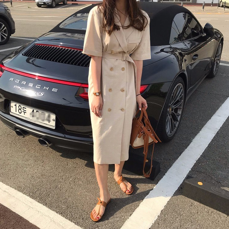 2023 summer French style retro tenor linen suit with dress Korean light ripened lace small crowdsourced short sleeve long dress 