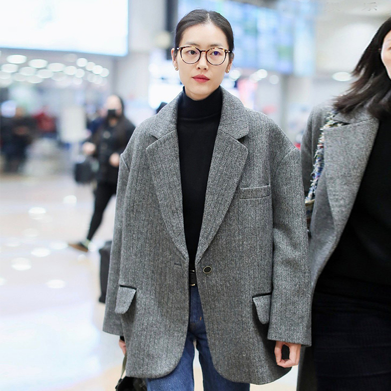 2022 autumn new Liu Wen same style oversize loose suit woolen coat lazy style loose shoulder suit outside