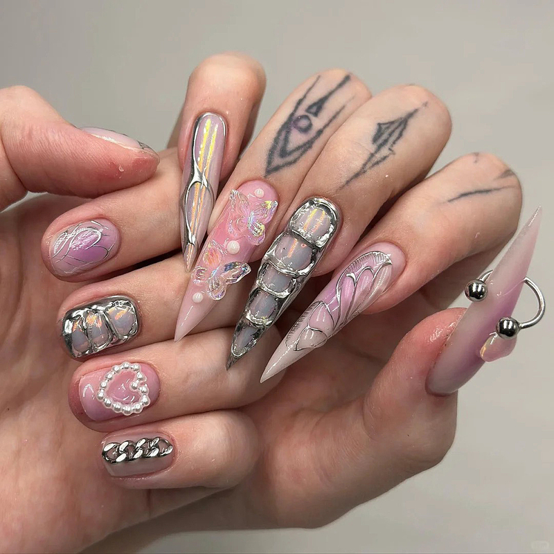 Handmade Hot Girl European and American Style Polarized Aurora Metallic Press-On Nails Finished Nail Pieces Cyberpunk Fake Nail Stickers Handmade Hot Girl European and American Style Polarized Aurora Metallic Press-On Nails Finished Nail Pieces Cyberpunk Fake Nail Stickers