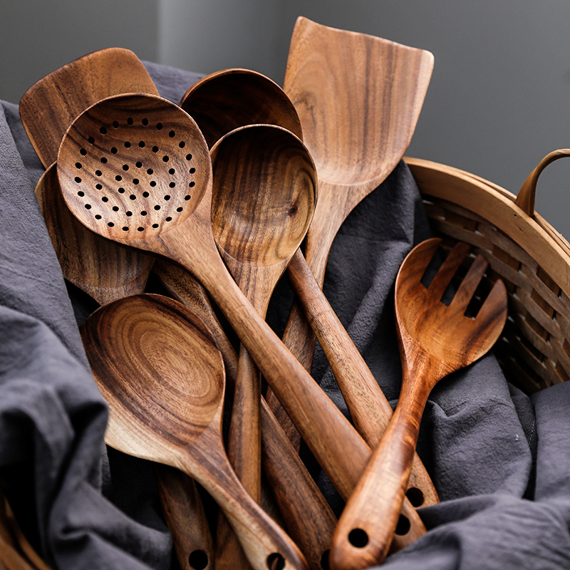 Thai teak wood long handle solid wood soup spoon for leaking spoon in soup ladle pan shovel rice shovel hot pot spoon without dipping into the pan wood shovel