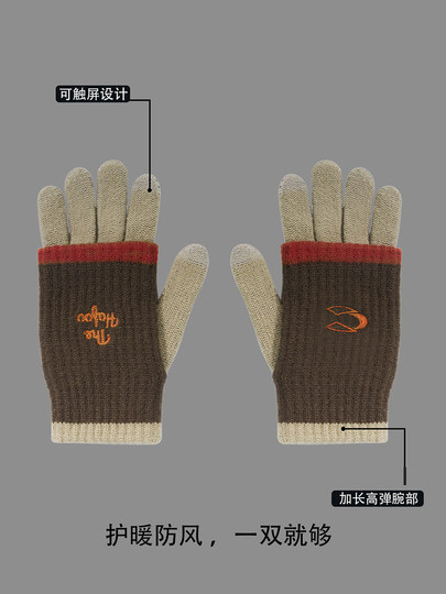 Original small embroidery double-layer warm gloves for women in winter outdoor cycling cold-proof finger gloves for men
