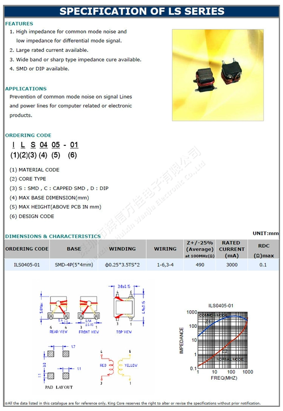 ILS0405-01 Cuộn cảm chế độ chung băng thông rộng SMD Micro 3A cho bộ lọc nguồn DC hoặc điện áp thấp