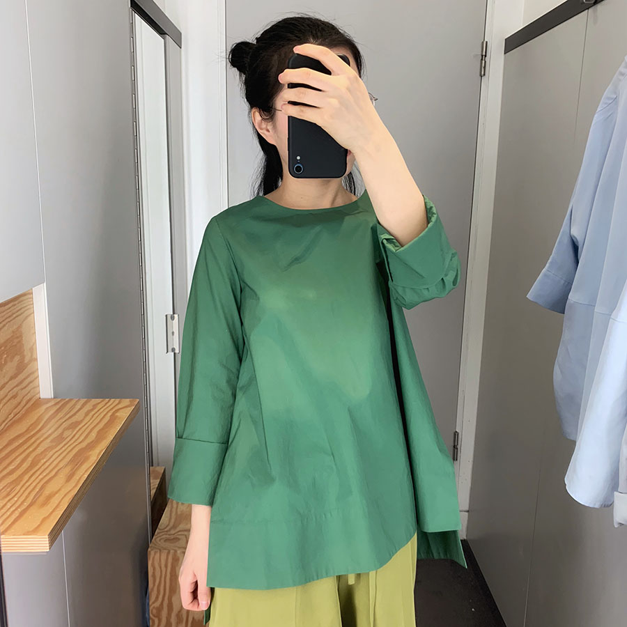 Áo trắng tay chữ A tay áo màu xanh lá cây 2019 xuân mới áo sơ mi nữ sơ mi rộng rãi giản dị - Áo sơ mi mẫu áo sơ mi nữ cổ tròn đẹp