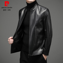 Pierre Cardin stand collar autumn and winter sheep leather mens leather jacket Haining leather jacket winter mens Tide plus Velvet